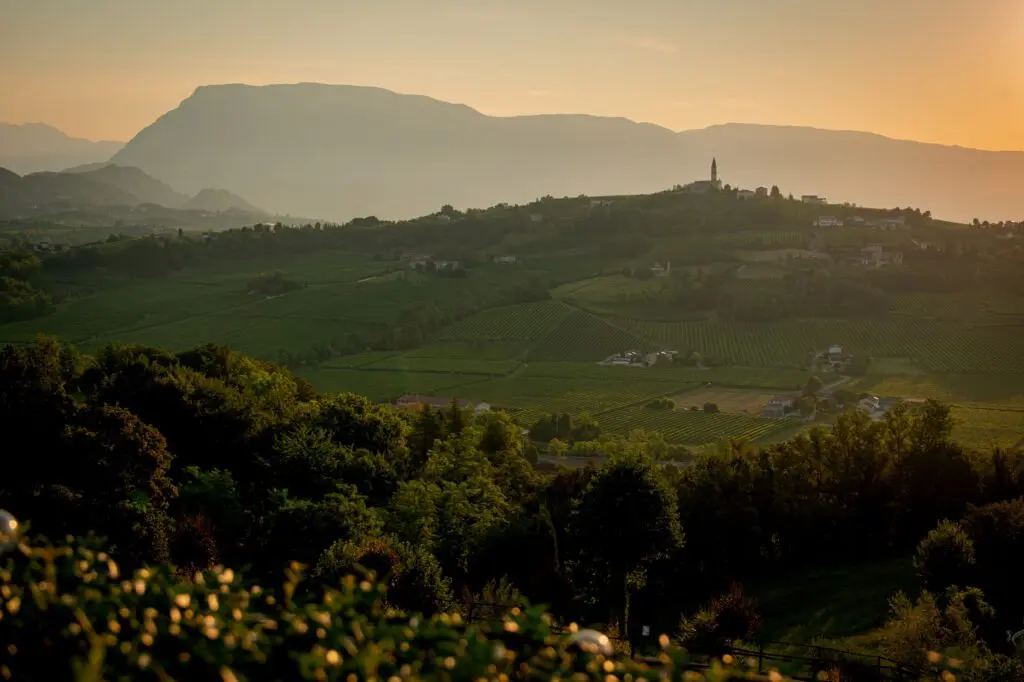 Weinberge und ein Dorf mit Glockenturm bei Sonnenuntergang in Venetien